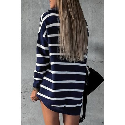Blue Striped O-ring Zip Collared Loose Sweater Mini Dress
