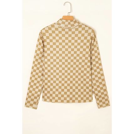 Khaki Check Pattern Turtleneck Ribbed Slim Long Sleeve Tee