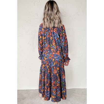 Blue Floral Print Tassel Tie V Neck Long Sleeve Flowy Long Dress