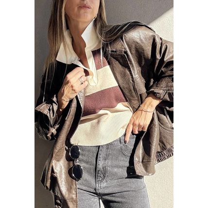 Brown Ribbed Trim Color Block Knitted Polo Collar Sweater