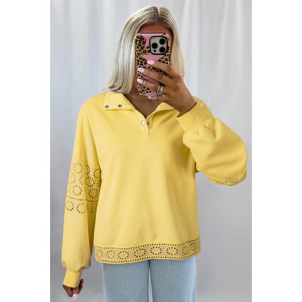 Yellow Cream Embroidered Flower Patchwork Snap Buttons Pullover Sweatshirt