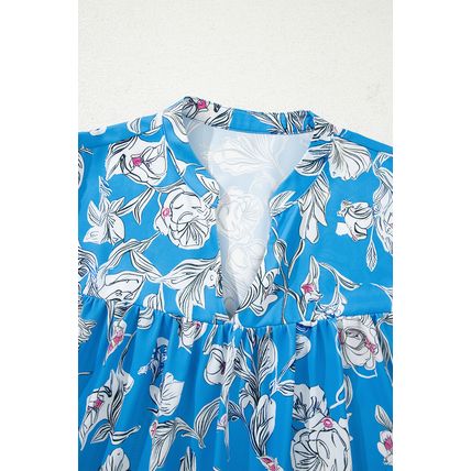 Sky Blue V Neck Floral Print 3/4 Puff Sleeve Blouse
