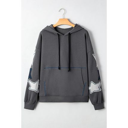 Carbon Grey Star Patchwork Contrast Stitching Mineral Wash Kangaroo Pocket Vinta