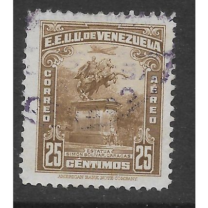 VENEZUELA 1940 STATUE OF BOLIVAR AT CARCACAS 25c BROWN SG 631 FINE USED#2