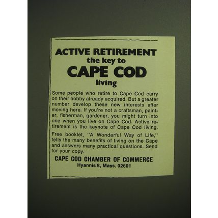 1974 Cape Cod, Massachusetts Chamber of Commerce Ad - Active Retirement the key