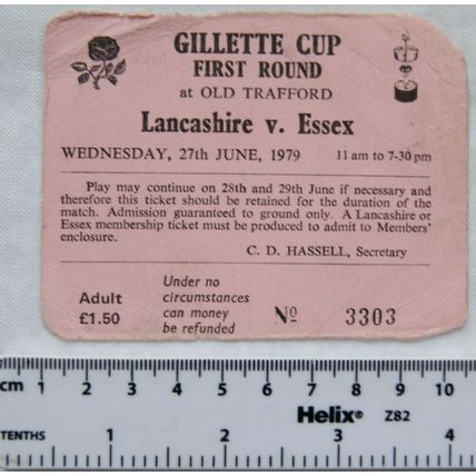 1979 ticket Lancashire v. Essex at Old Trafford, Gillette Cup 1st Round