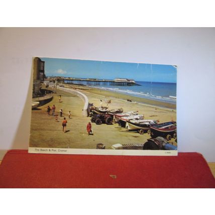 BEACH AND PIER, CROMER, NORFOLK. used postcard by Dennis 1983? pm =