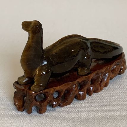 Vintage Chinese Carved Tiger's Eye Dinosaur Figurine Gemstone Brontosaurus 4.6"