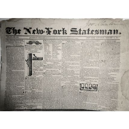 THE NEW-YORK STATESMAN, January 15, 1825 - NY Governor DeWitt Clinton's copy