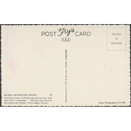 Big Ben, Westminster, London, c.1950s - A V Fry Postcard