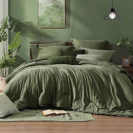 Monbix Queen Comforter Set - 7 Pieces Cationic Dyeing Olive Green Bed in a Bag Q