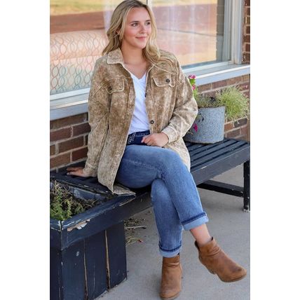 Khaki Vintage Distressed Mineral Wash Oversized Shacket