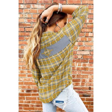 Ginger Plaid Embroidery Patch Button-Down Shacket