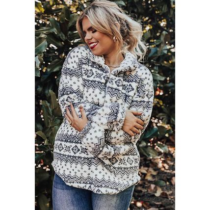 White Sherpa Geometric Print Quarter Zip Plus Size Pullover