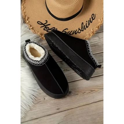 Black Suede Contrast Print Round Toe Plush Lined Flats