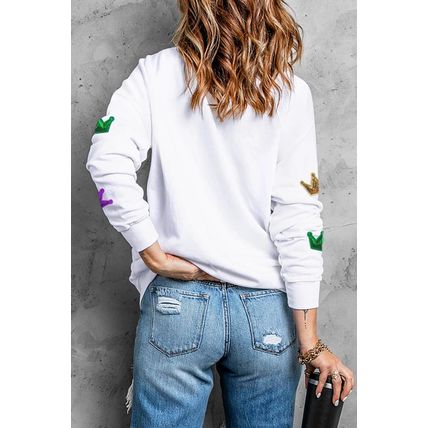 White Mardi Gras Crown Sequined Patch Crew Neck Sweatshirt