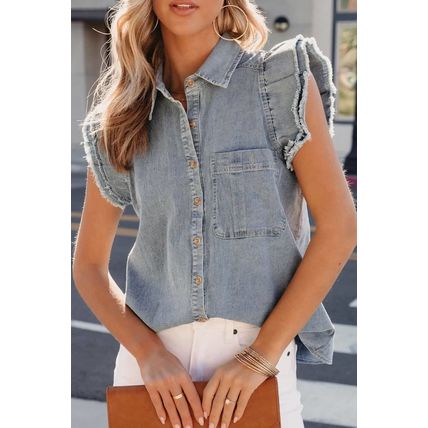 Beau Blue Frayed Ruffle Sleeve Denim Shirt