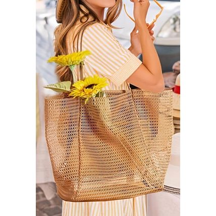 Light French Beige Hollowed Zipped Interior Pocket Nylon Tote Bag