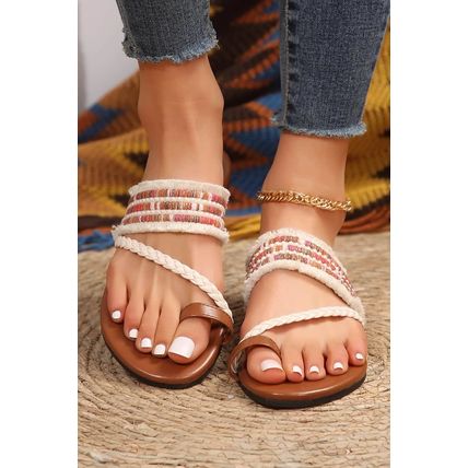 White Beaded Embroidered Braided Strap Thong Slippers