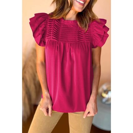 Rose Red Smocked Ruffle Sleeve Blouse