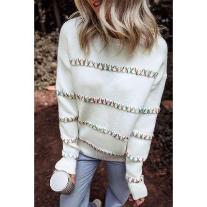 White Colorful Crossed Stitch Drop Shoulder Sweater