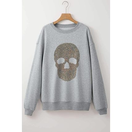 Light Grey Rhinestone Skull Graphic Drop Shoulder Sweatshirt
