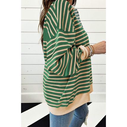 Green Stripe Casual Stripe Colorblock Drop Shoulder Oversize Sweatshirt