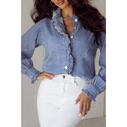 Beau Blue Ruffled Long Sleeve Buttoned Denim Shirt