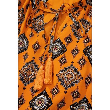Orange Western Geometric Print Tiered Frilled Loose Fit Midi Dress