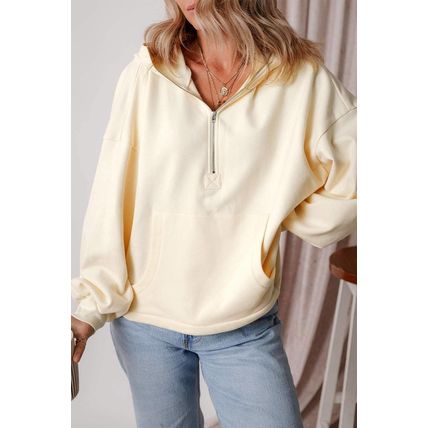 Beige Fleece Lined Half Zipper Kangaroo Pockets Loose Hoodie