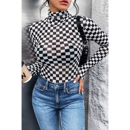 Black Checkered Printed Long Sleeve High Neck Bodysuit