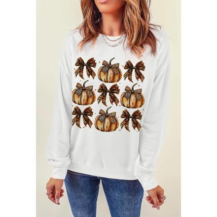 Beige Pumpkin Leopard Bow Knot Print Pullover Sweatshirt