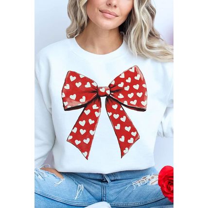 White Heart Bow Printed Round Neck Valentines Pullover Sweatshirt