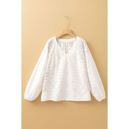 White Eyelet Embroidered Puff Sleeve V Neck Blouse