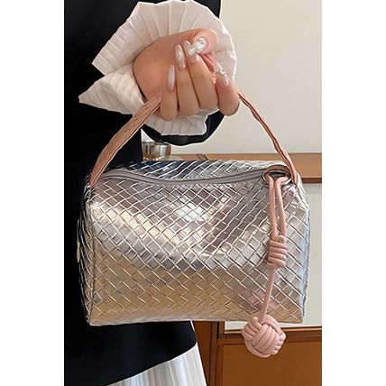 Silvery Lattice Texture Corded Ball Decor Weaven Handle Cosmetic Bag