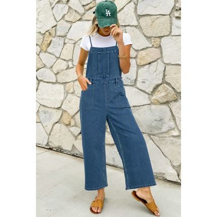 Dusk Blue Adjustable Tie Straps Cropped Wide Leg Denim Overalls