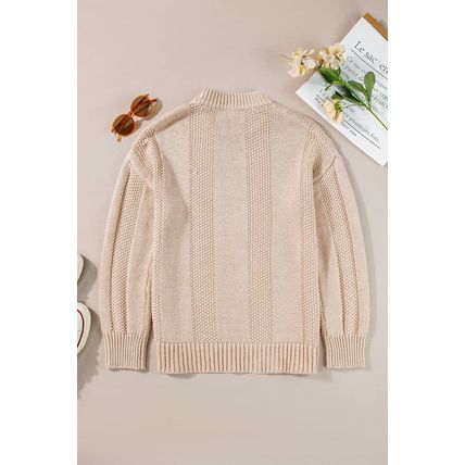 Pale Khaki Solid Color Cable Knit Ribbed Loose Sweater