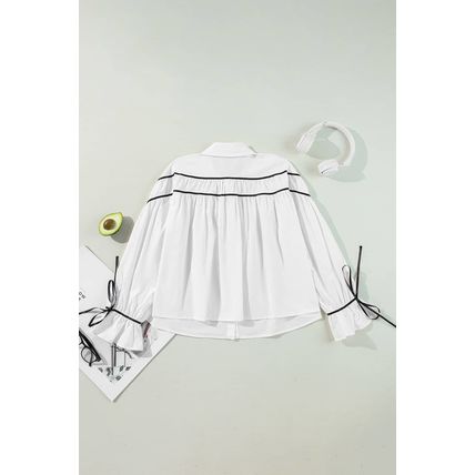 White Black Pipping Ribbon Bowtie Collared Ruffled Puff Sleeve Shirt