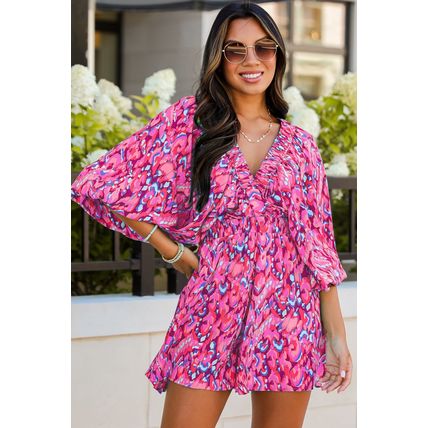 Pink Abstract Print Puff Sleeve V Neck High Waist Romper
