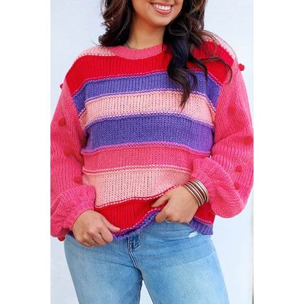 Pink Plus Size Striped Knit Pompom Puff Sleeve Sweater