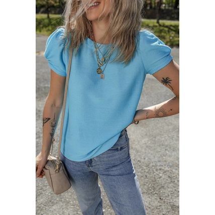 Light Blue Bubble Sleeve Solid Color Elegant T-Shirt