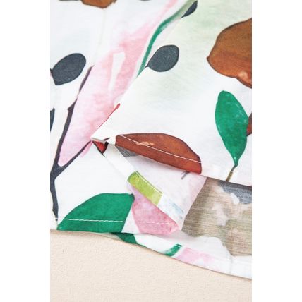 Pink Floral Print Slit V Neck Short Sleeve Blouse