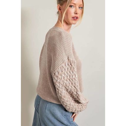 Parchment Cable Knit Sleeve Drop Shoulder Sweater