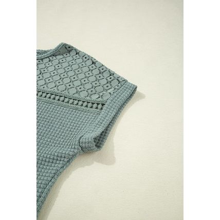 Mist Green Lace Patchwork Waffle Short Sleeve Top