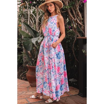 Sky Blue Floral Printed Sleeveless O Neck Knot Waist Maxi Dress