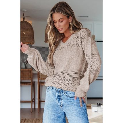 Brown Eyelet Pattern Detail V Neck Drop Shoulder Sweater