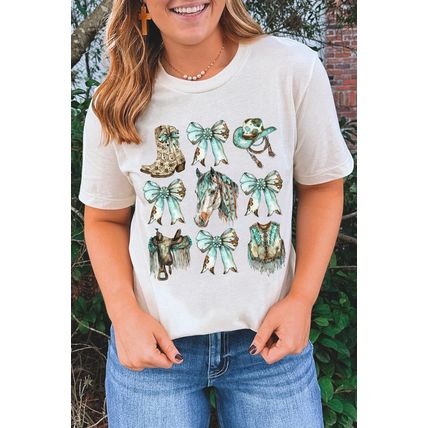White Horse Bowknot Cowgirl Fashion Print Crewneck Tee