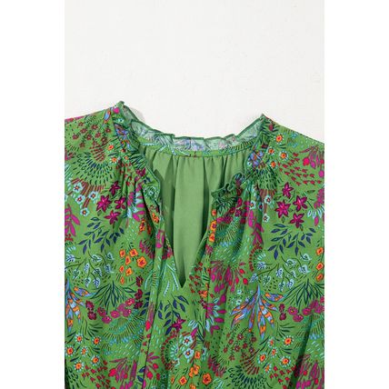 Green Floral Tie Split Neck Frilly Ruffle Trim Tiered Short Dress