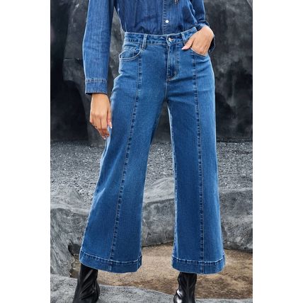 Dark Blue Plain Seam Detail Flared Bottom Ankle Length Jeans