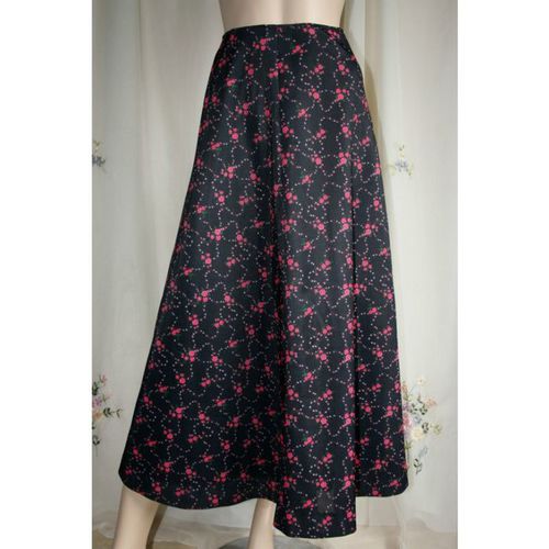 Vintage 1970 Hand made Black Pink Floral Midi Skirt Size 4 6 Womens